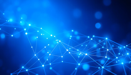 Fototapeta premium Blue abstract background with a connected network grid and particles, magazine photoshoot, with white tones