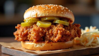 Crispy Chicken Sandwich with Pickles and Coleslaw