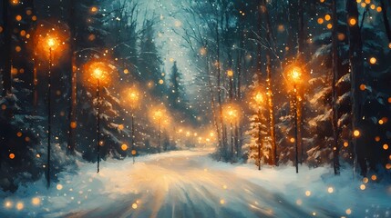 Naklejka premium Blurred glowing golden light reflecting softly on a snowy forest road creating a peaceful and magical wintertime backdrop