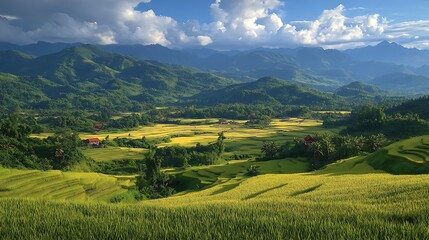 Rice terraces valley landscape, sunlit mountains, rural homes, peaceful scene, travel photography.
