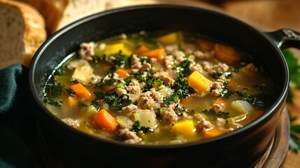 A family-style pot of ground turkey vegetable soup, isolated with comforting lighting