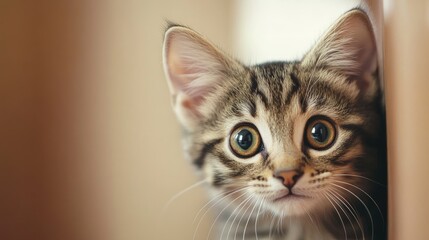 Obraz premium Juvenile striped kitten exploring its surroundings with curiosity in a cozy indoor environment studio photograph