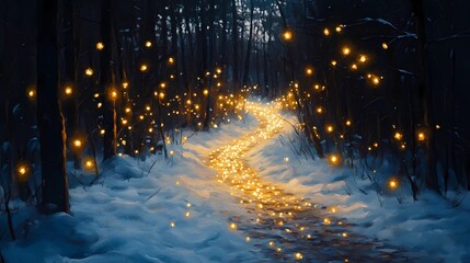 Blurred glowing golden light reflecting softly on a snowy forest road creating a peaceful and magical wintertime backdrop