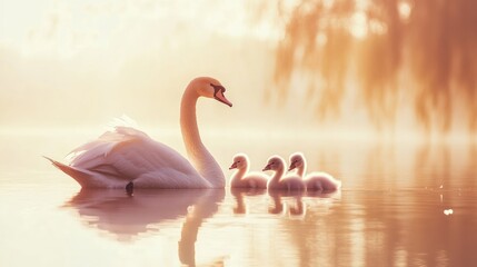 Naklejka premium Swan Family Silhouette on Calm Lake During Serene Sunset Reflections and Warm Light