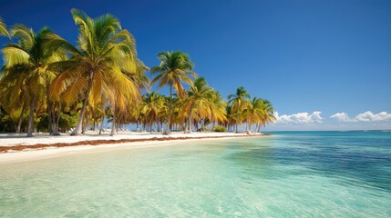 Obraz premium Palm trees along a pristine beach under a bright blue sky with clear turquoise water in a tropical paradise setting
