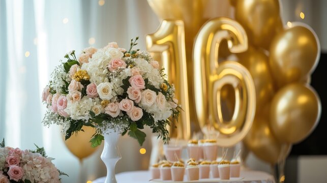 Sweet 16 birthday party decorations featuring golden balloons elegant floral arrangements and festive treats on display