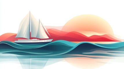 Naklejka premium Sailboat sailing on ocean waves at sunset.