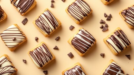 Delicious assorted pastries drizzled with white and dark chocolate on a soft beige background for dessert-themed content.
