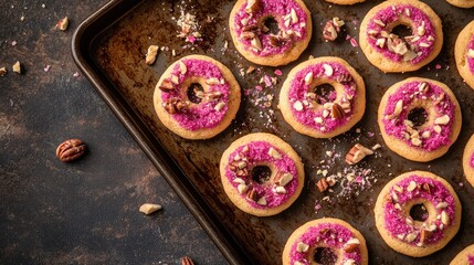 Fototapeta premium Colorful Hebrew Ring Cookies Topped with Nuts and Pink Sprinkles on Baking Tray Ready for Enjoyment and Festive Celebrations