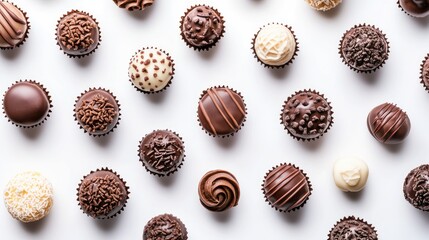 Assorted Gourmet Chocolates on White Background Showcasing Variety and Tempting Treats for Culinary Delight and Dessert Inspiration