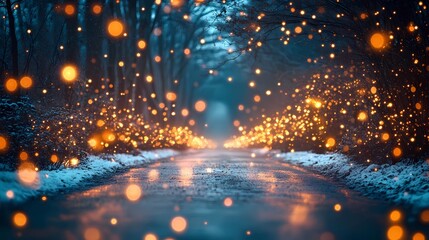 Naklejka premium Blurred glowing golden light reflecting softly on a snowy forest road creating a peaceful and magical wintertime backdrop
