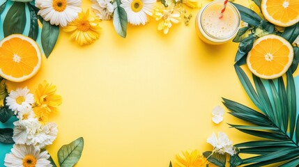 Vibrant Summer Floral Arrangement with Citrus and Drinks for Party Banner Design on Yellow Background with Copy Space