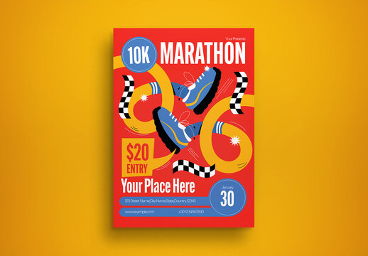 Red Quirky Illustration 10K Marathon Flyer Layout
