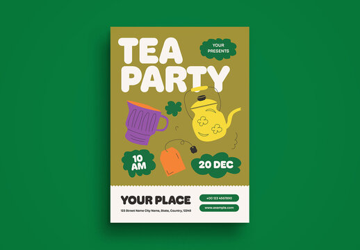 Yellow and Brown Quirky Illustration Tea Party Flyer Layout