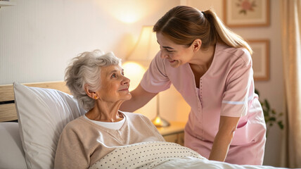 Fototapeta premium Caregiver comforting elderly woman in bed