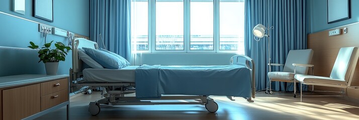 An empty modern hospital room filled with sunlight, featuring clean, bright interiors