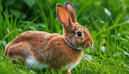 Fototapeta premium Brown rabbit sitting in green grass, looking to the side. Details show its fur, ears, and body. Focus on the animal.