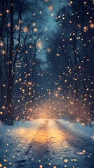 Abstract blurred bokeh glow softly scattered along a frosty forest trail with snow-covered trees evoking a serene seasonal feel