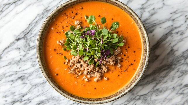 Ground turkey vegetable soup garnished with microgreens, isolated on a textured marble surface