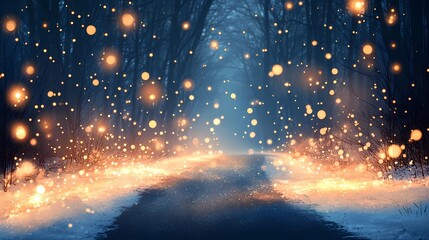 Obraz premium Abstract blurred bokeh glow softly scattered along a frosty forest trail with snow-covered trees evoking a serene seasonal feel