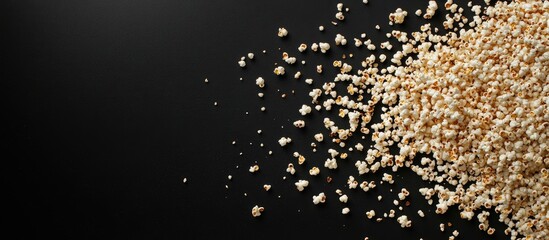 Heap of popcorn with scattered grains on a black background ideal for food and snack related themes with space for text or design elements