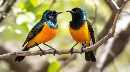 Fototapeta premium Colorful tropical birds perched together on a branch under bright sunlight surrounded by lush greenery in a serene nature setting.