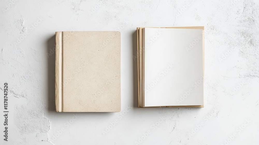 Poster two empty books with open covers displaying pristine white pages on a textured light background for 