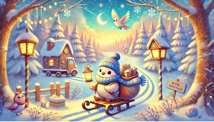 A Whimsical Winter Scene Featuring a Bird Mail Carrier in a Snowy Forest with a Magical Touch