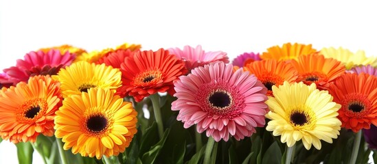Vibrant bouquet of colorful gerbera daisies arranged beautifully on a white background with space for your custom text or message
