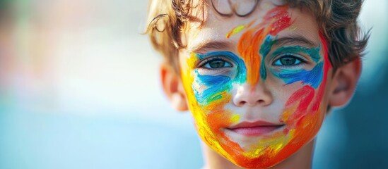Fototapeta premium Colorful Face Painting on Young Boy Expressing Joy with Space for Customizable Text and Creative Promotions