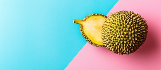 Vibrant durian fruit on a bright pink and blue background with ample negative space for text insertion and creative design elements