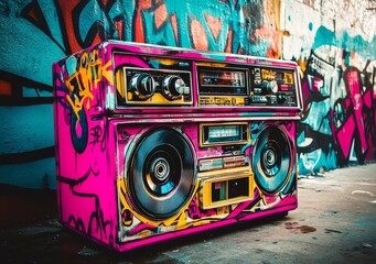 Fototapeta premium Nostalgic cassette tape recorder in a graffiti environment.