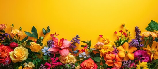 Vibrant Floral Border with Colorful Flowers and Yellow Background Ideal for Text Overlay and Creative Designs