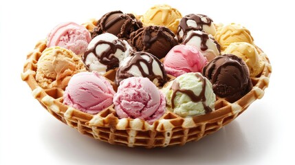 Waffle bowl overflowing with a variety of colorful ice cream scoops and chocolate drizzle