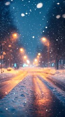 Abstract blurred bokeh glow softly scattered along a frosty forest trail with snow-covered trees evoking a serene seasonal feel