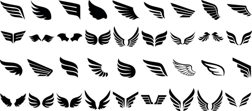 wing vector set, wing logo designs. Various artistic wing illustrations, bird, angel, bat, eagle, and minimalist wing icons for branding, tattoos, emblems, or fantasy design projects