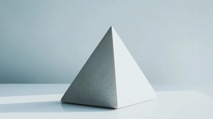 Fototapeta premium Minimalist white triangular pyramid sculpture on a pale backdrop showcasing geometric elegance and modern design aesthetics.
