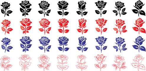 rose vector set, roses illustration in various colors and gradient styles. rose line art for designs, tattoos, patterns, and floral art. Includes black, red, blue, and outline rose styles