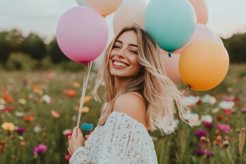 Young woman joyfully holds colorful balloons in a vibrant flower field during sunset