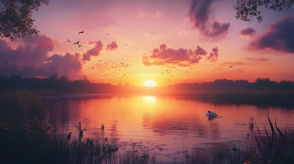Fototapeta premium Serene sunset over a calm lake, with birds and a swan.