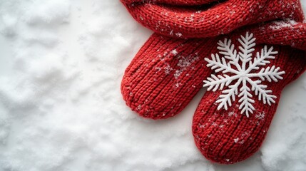 Red knitted mittens and scarf on snowy ground with snowflake.