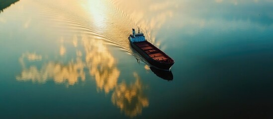 Fototapeta premium Cargo Ship Navigating Tranquil Waters at Sunset with Reflection and Copy Space for Text