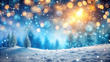 Naklejka premium Winter landscape with falling snowflakes and vibrant bokeh lights , winter, landscape, snowflakes, bright, bokeh, cold, icy, frosty