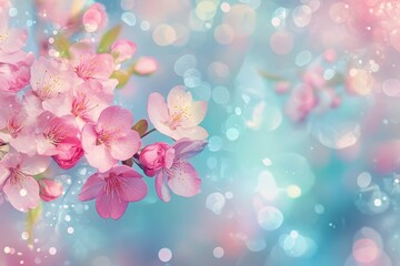 Spring blossoms create a vibrant display of pink flowers against a soft, colorful background