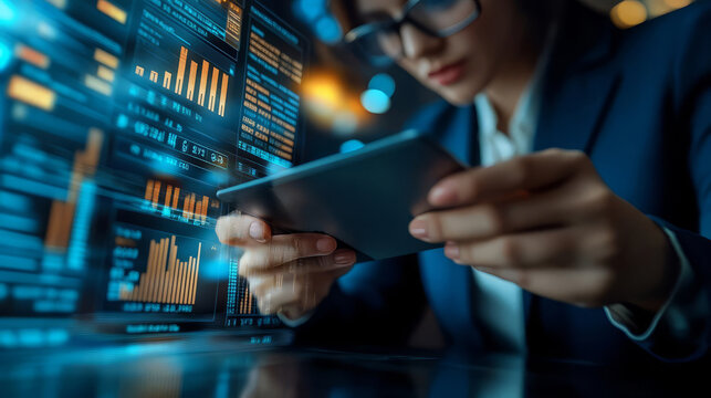 Business professional analyzing data on smartphone with digital graphs in background. - Powered by Adobe