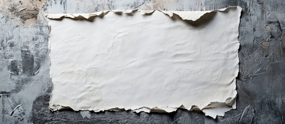 Poster worn textured white paper with frayed edges on a rustic background ideal for adding text and creativ