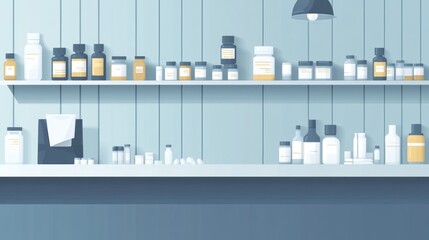 Medicine bottles and pills on shelves in a pharmacy or laboratory.