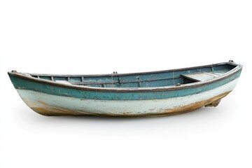 A weathered wooden rowboat sits alone against a white background