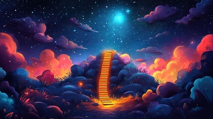 A celestial business landscape with a luminous ladder reaching toward innovation