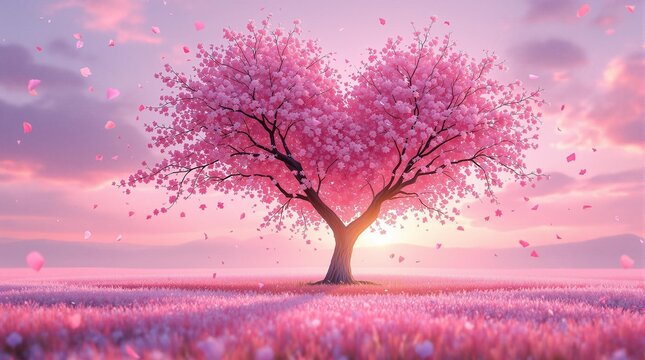 Cherry blossom heart tree at sunrise perfect for valentines day wedding themes romantic gifts cozy wallpapers and love inspired art